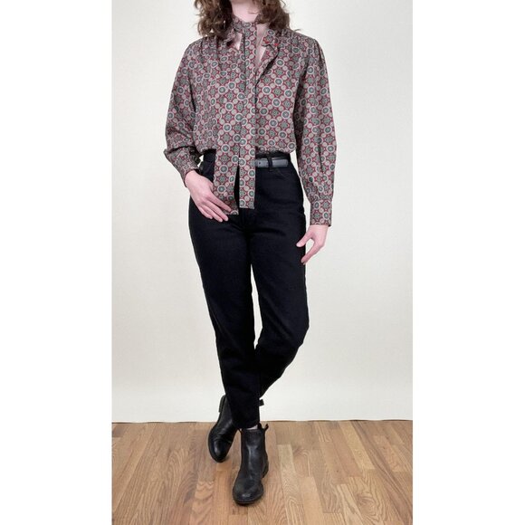 Vintage 70s Pussy Bow Button Down Shirt Blouse Floral Print Boho Preppy Academia - Picture 4 of 10